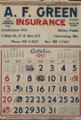 A calendar opened to October of the closing year. Do you remember those old calendars that had some bit of information for each date. And note in the lower right corner - The weather forcast for October.