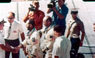 Astronauts Cooper and Conrad back aboard the aircraft carrier after completing their Gemini V mission. The mission 21–29 August 1965. First week-long flight; first use of fuel cells for electrical power; evaluated guidance and navigation system for future rendezvous missions. Completed 120 orbits. This was the first manned launch I saw after arriving at the cape the previous June.