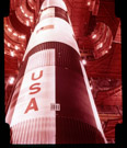 An internal view of a Saturn V in a high bay in the vertical assembly building. Here the work platforms are pulled back so the vehicle may be observed for its full height. Normally the platforms are pulled in snugly around the rocket so technicians may access and work on the various  systems.