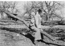 Aged 6 years, 10 months.
March 19, 1949. 
This old tree by the slough in the Johnson place had a long low hanging limb that was positioned just right for riding and bouncing on. I went there a lot. Note the hat behind me on the tree fork. For many years after we moved away that limb remained that way. When dad worked on the irrigation canal I would go by and viist the tree and bounce on the old limb.