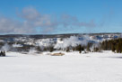 Looking north you can see how many thermal features are in the Upper Geyser basin. Some are true geysers, many are hot springs. Most geysers are not as dramatic as  Old Faithful or Behive. They may errupt only a few feet high or less.  Some erupt like this almost continuously some intermittently. All produce lots of steam in the winter.